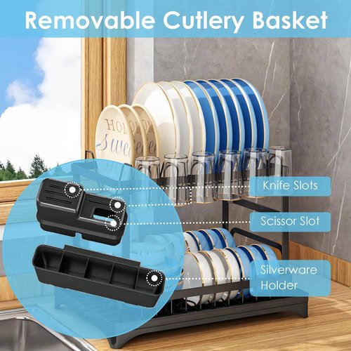 AIDERLY Dish Drying Rack for Kitchen Counter 2 Tier Iron Dish Drainer with Removable Cutlery Basket, Black