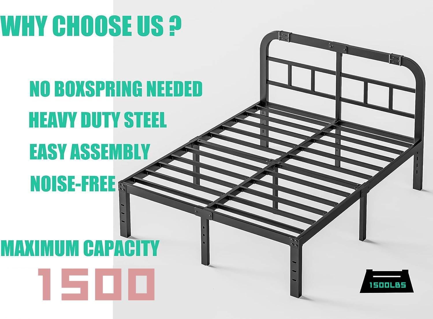 ZIYOO Queen Size Bed Frame - Heavy Duty Steel Slats, 1500LBS Support, Noise-Free, Easy Assembly | Black
