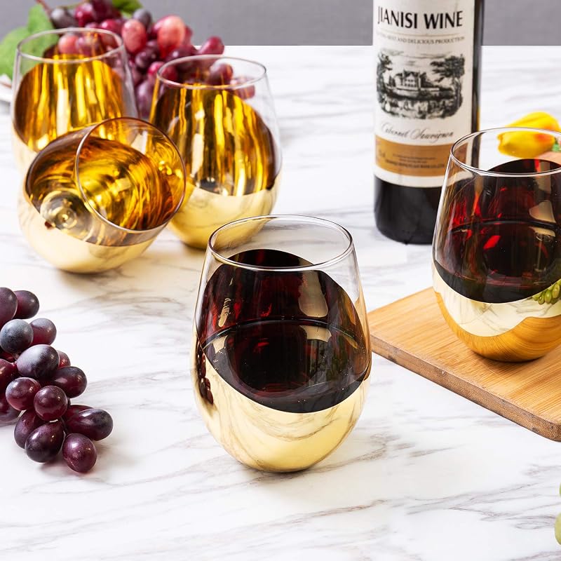 MyGift Brass-Plated Stemless Wine Glass Set of 6 - 18 oz, White or Red, Angled Bottom (Variation: Brass-6)