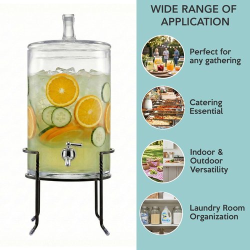 Style Setter Beverage Dispenser with Stand - 2.5 Gallon Large Countertop Glass Drink Dispenser w/Spigot & Lid - Party Drink Dispenser for Sweet Tea Lemonade Punch Water, Juice Dispensers for Parties