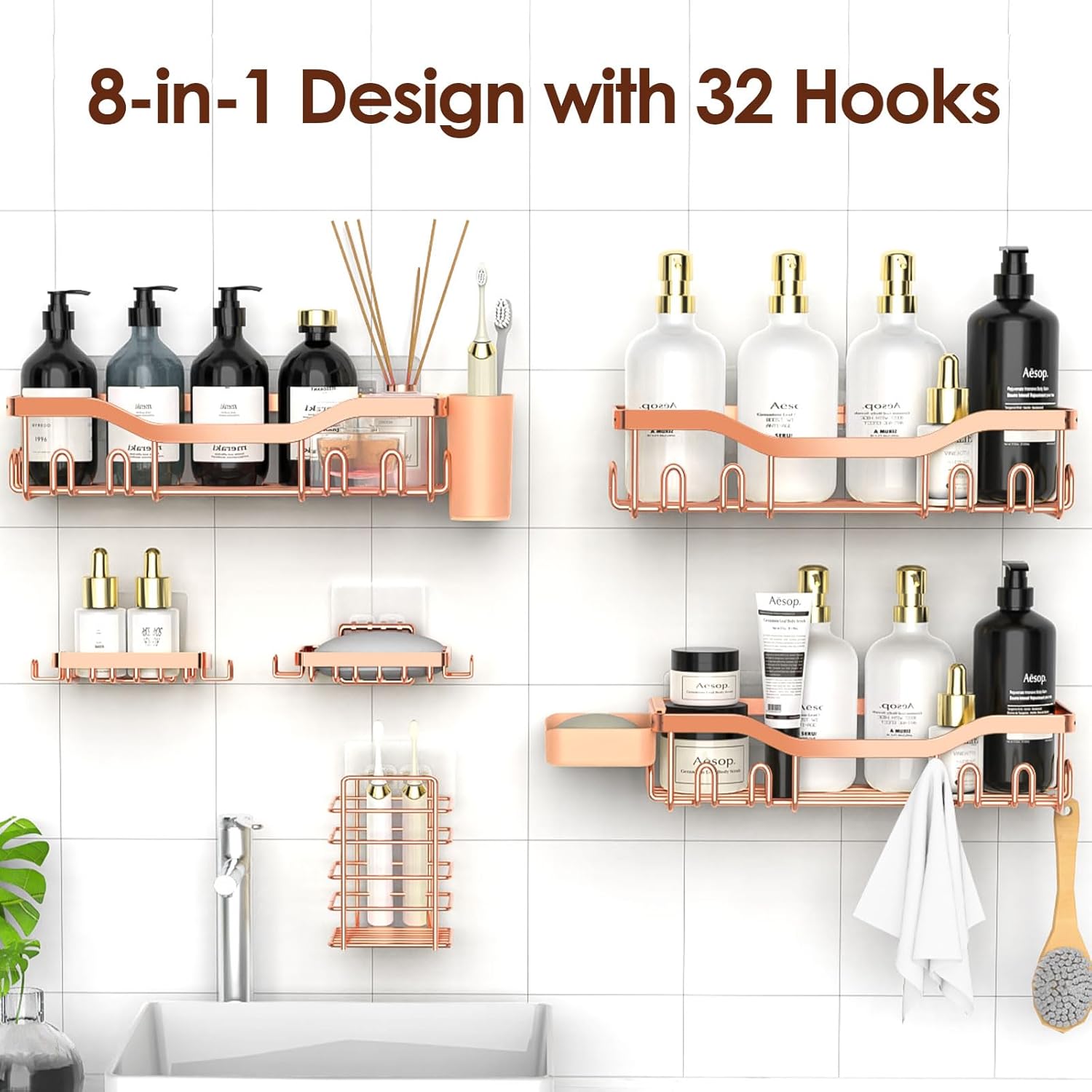 NESOMI Shower Caddy - Rustproof Stainless Steel Organizer with Soap Dish & Hooks | 8-Pack, No-Drill Storage