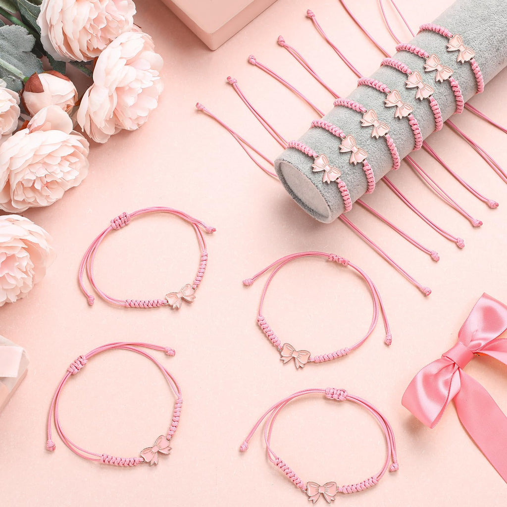 Liliaafar 24 Pack Coquette Pink Bow Braid String Bracelets Gift Bulk Cheerleader Adjustable String Rope Braided Birthday Party Favor for Cheer Dance Team Friends Gift