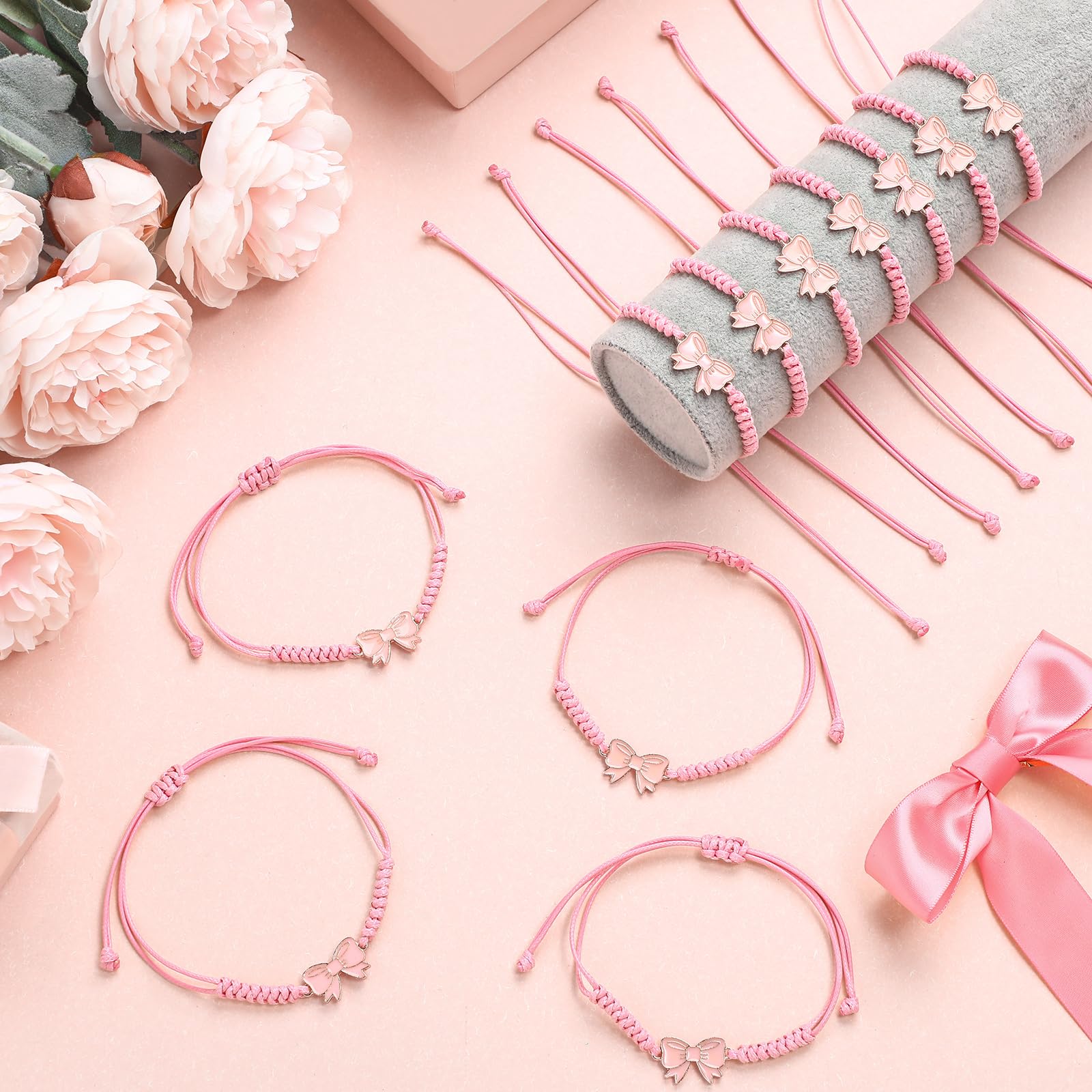 Liliaafar 24 Pack Coquette Pink Bow Braid String Bracelets Gift Bulk Cheerleader Adjustable String Rope Braided Birthday Party Favor for Cheer Dance Team Friends Gift