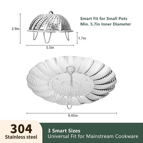 Cluren Steamer Basket for Cooking 304 Stainless Steel Entirely Thickened,Collapsible Steamer Insert for Pots, Fits Instant Pot/Skillets (5.5'' To 9.5'')
