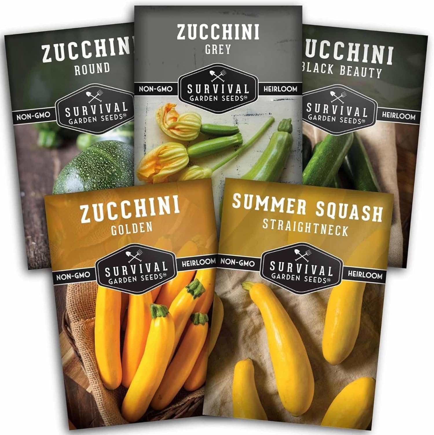 Survival Garden Seeds - Zucchini & Squash Collection | Non-GMO Heirloom Seeds Assortment - Golden, Round, Grey & Black Beauty