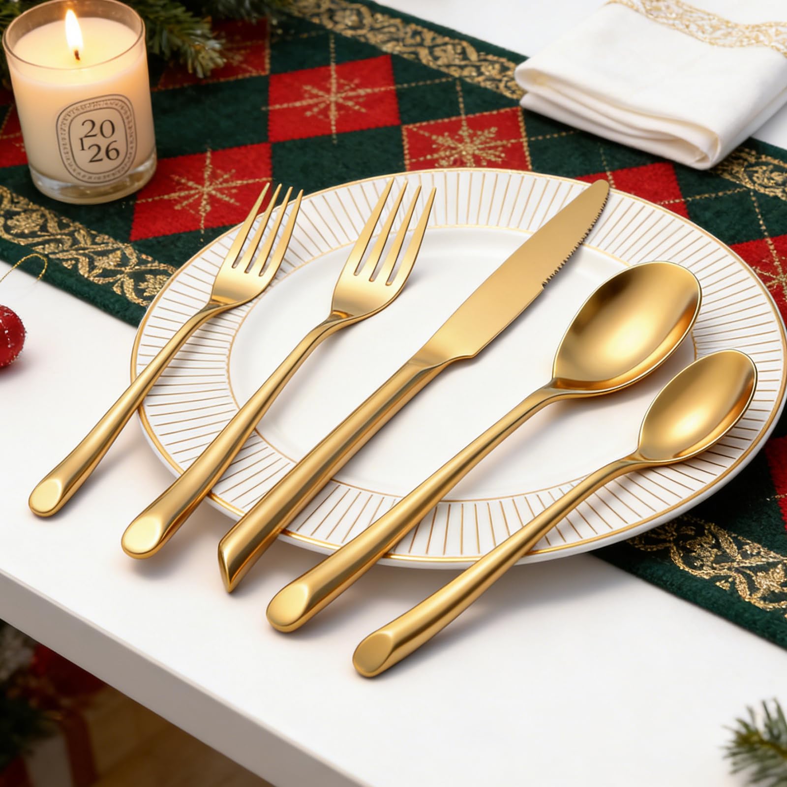 QUEARI Gold Silverware Set, 20-Piece Elegant Stainless Steel Flatware Set, Cutlery Set Mirror Polished, Dishwasher Safe, Service for 4