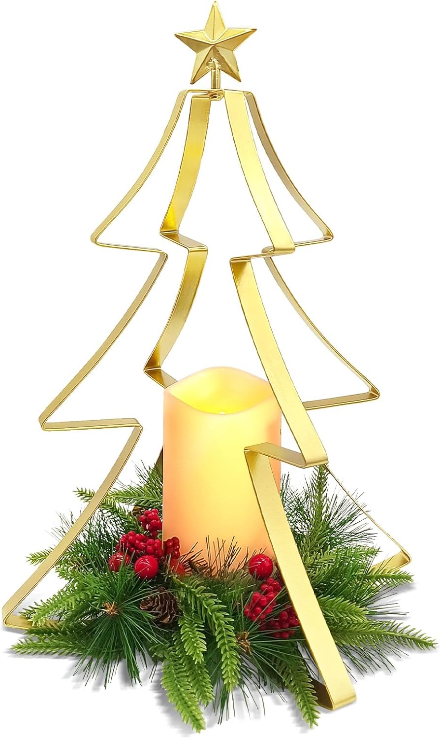 Regine Switzerland Christmas Table Centerpiece - Metal Tree Candle Holder with Battery Operated Light & Red Berries Decor