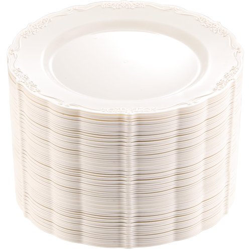 DaYammi 60PCS Ivory Plastic Plates, Fancy Plastic Plates Disposable Heavy Duty Disposable Plates Premium 10inch Ivory Dinner Platos Hard Plastic Platos Disposable for Party Wedding Bridal Shower