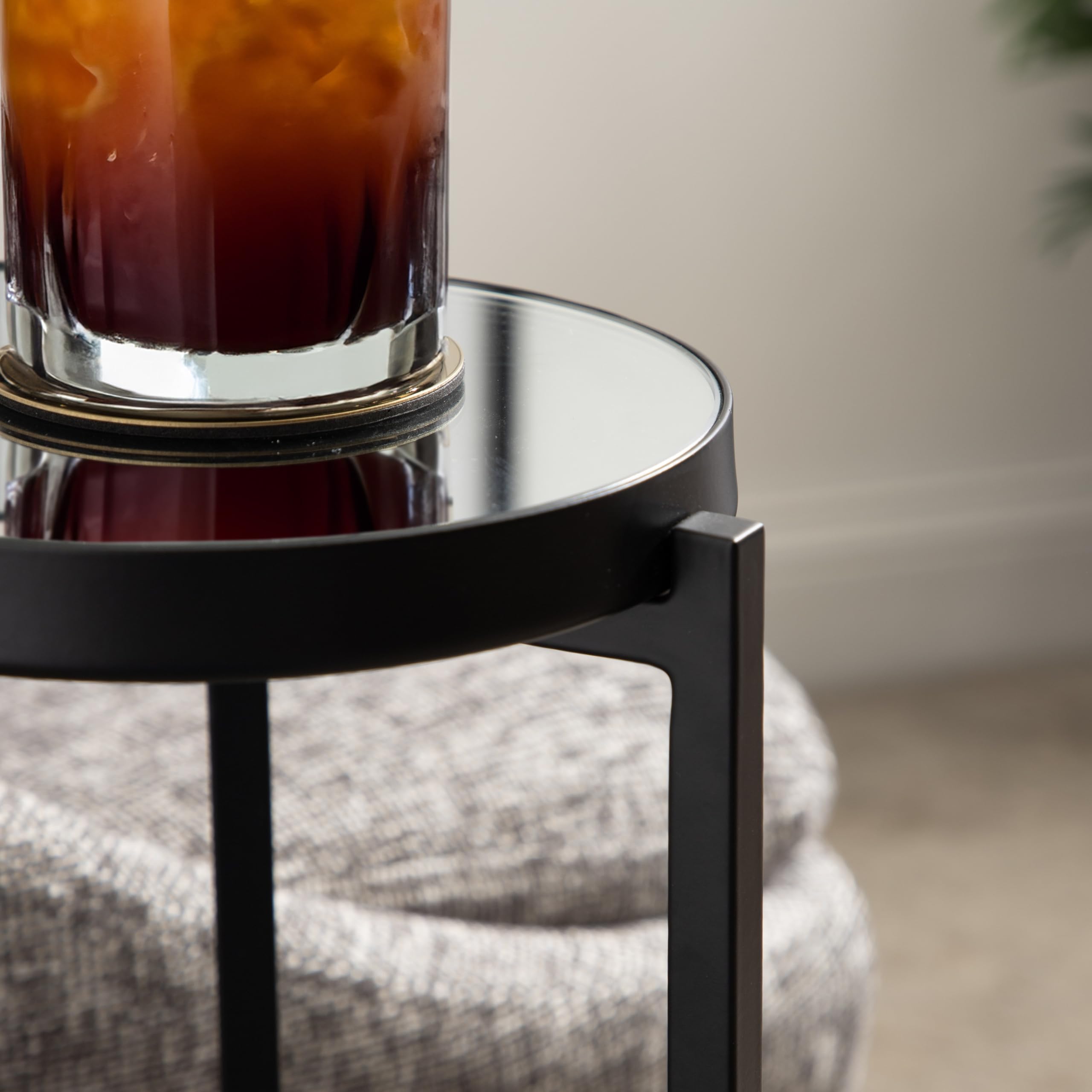 Kate and Laurel Aguilar Modern Mirrored Round Drink Table, 9 x 9 x 23, Black, Metal Accent Table with Mirrored Tabletop and for Use as Small Plant Stand
