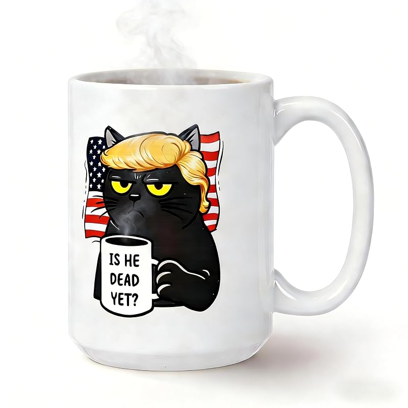Is He Dead Yet Coffee Mug - 15 oz Ceramic FDT Cup, Black Cat Gift for Liberal Coworkers