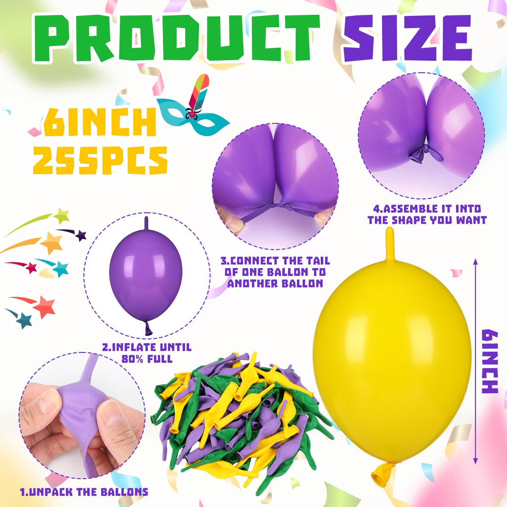 Soulchen 255 Pcs 6 Inch Mardi Gras Linking Balloons Decoration Green Gold Purple Link Balloons Jumbo Mardi Gras Bead Garland Ball Banner for Indoor Outdoor Carnival Birthday Wedding Graduation Decor
