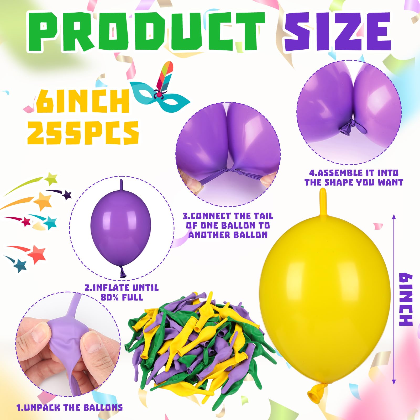 Soulchen 255 Pcs 6 Inch Mardi Gras Linking Balloons Decoration Green Gold Purple Link Balloons Jumbo Mardi Gras Bead Garland Ball Banner for Indoor Outdoor Carnival Birthday Wedding Graduation Decor