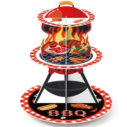 Widecook 3 Tier BBQ Party Cake Stand Decoration Barbecue Theme Summer Cupcake Tower Baby Q Table Decoration Red and Black Gingham Cake Holder for Summer Picnic Camping BBQ Baby Shower Party Supplies