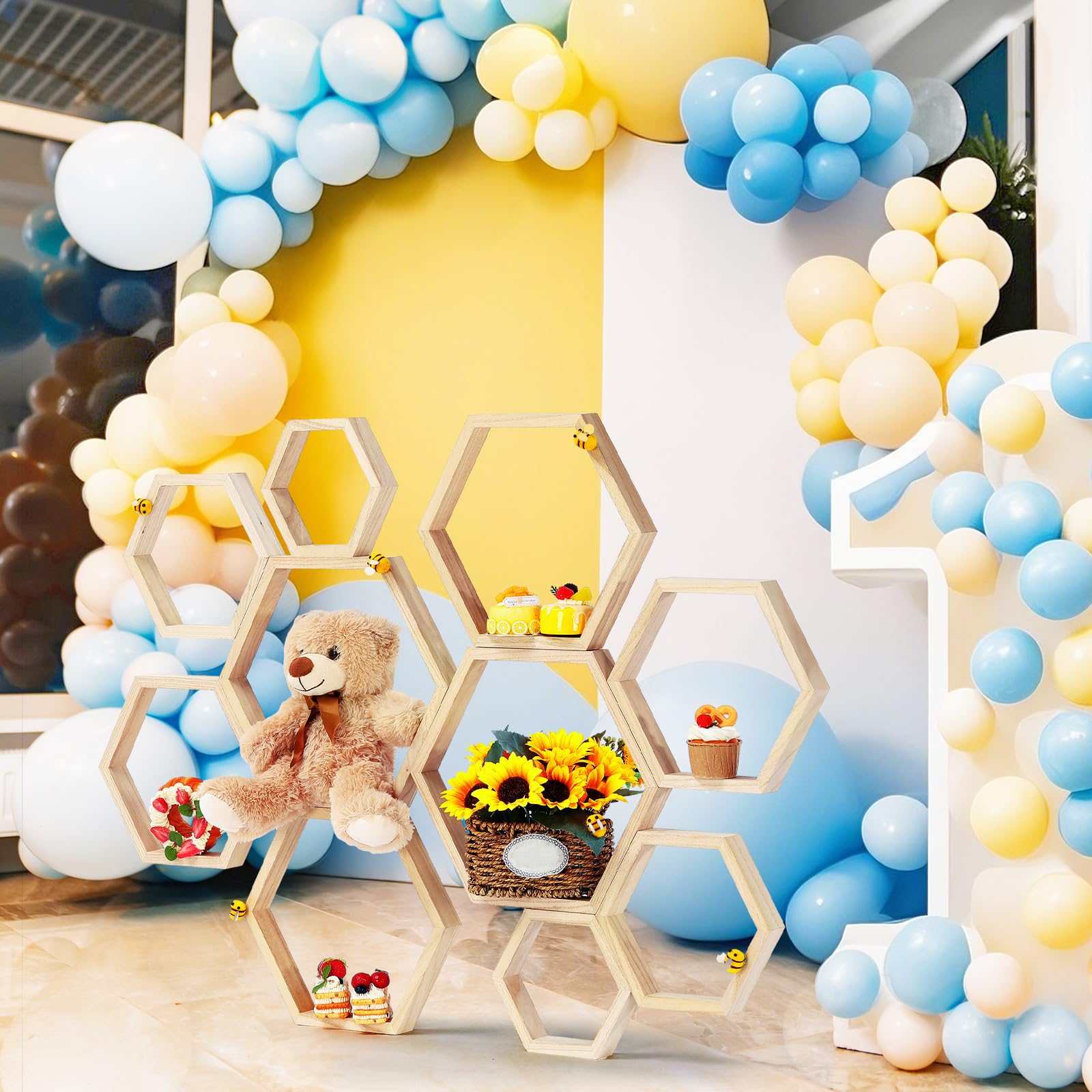 Gerrii 10 Pcs Honey Comb Decorations 5 Sizes Wood Hexagon Shelves Honeycomb Centerpiece Cupcake Stand Wooden Bee Hive Display Holder for Baby Shower Honeybee DIY Birthday Party Decor (Wood Color)