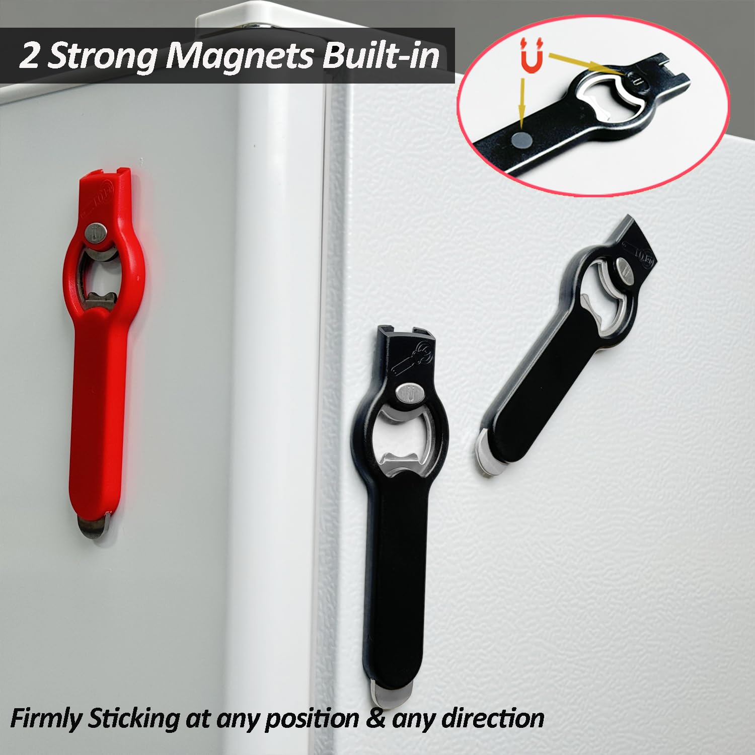 2-in-1 Magnetic Soda Can & Beer Bottle Opener-Dual Magnets for Fridge & Cap Catcher, Heavy Duty Stainless Steel, Perfect for Big Hands,Long nails, RV, Bartender, Gift for Father, Black, Openpro 1 Pack