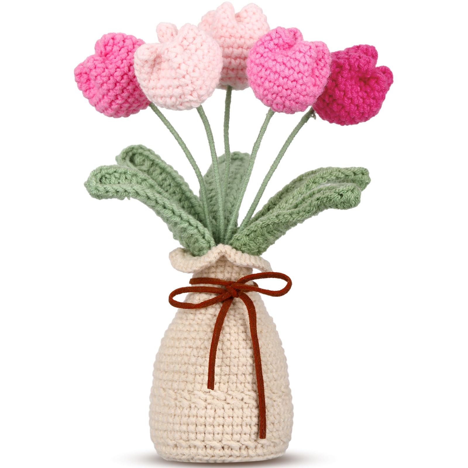 Marsui Crochet Knitting Tulip Bouquet with Vase 7" Knitted Artificial Forever Tulip Handmade Woven Flower with Exquisite Pot Gift for Valentine's Day Back to School Gift Family Home Desk Decor(Pink)