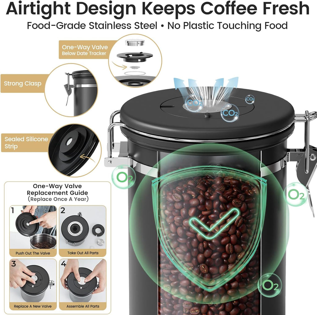 Veken Coffee Canister - Airtight Stainless Steel Storage Container with Window | 22oz Black