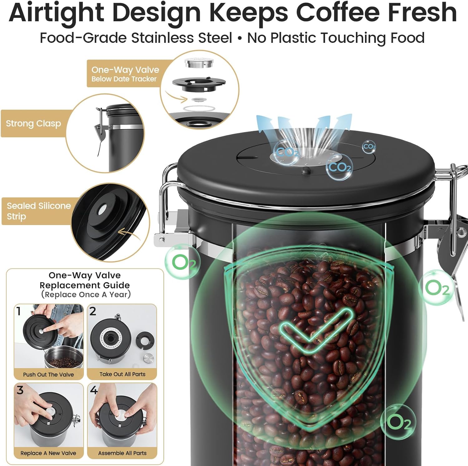 Veken Coffee Canister - Airtight Stainless Steel Storage Container with Window | 22oz Black