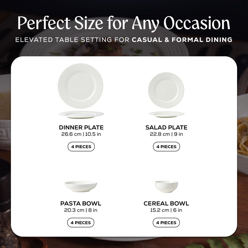Joseph Sedgh Collection 16-piece Porcelain Dinnerware Set, Service for 4, Greek Key White