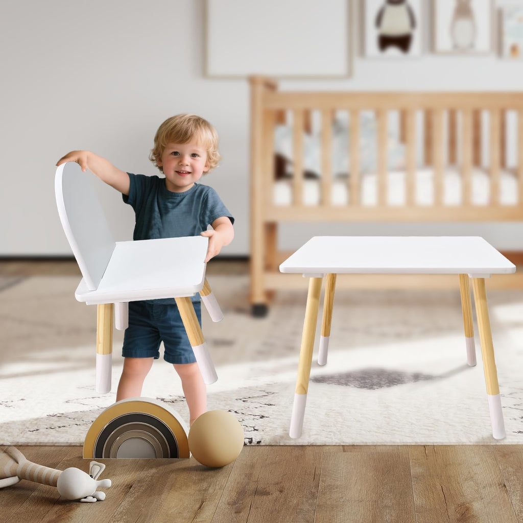 IDEA FAMILY Kids Wood Table and 2 Chair Sets, Toddler Small Multi-Activity Study, Eating, and Playing Table Set for Age 3-7, Child Desk and Chair Set for Daycare, Classroom, Home