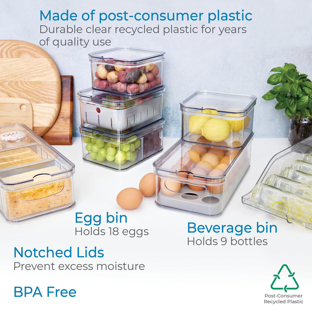 iDesign Crisp 7-Piece Recycled Plastic Refrigerator Organizer Bin Set with Lids, Clear/Gray