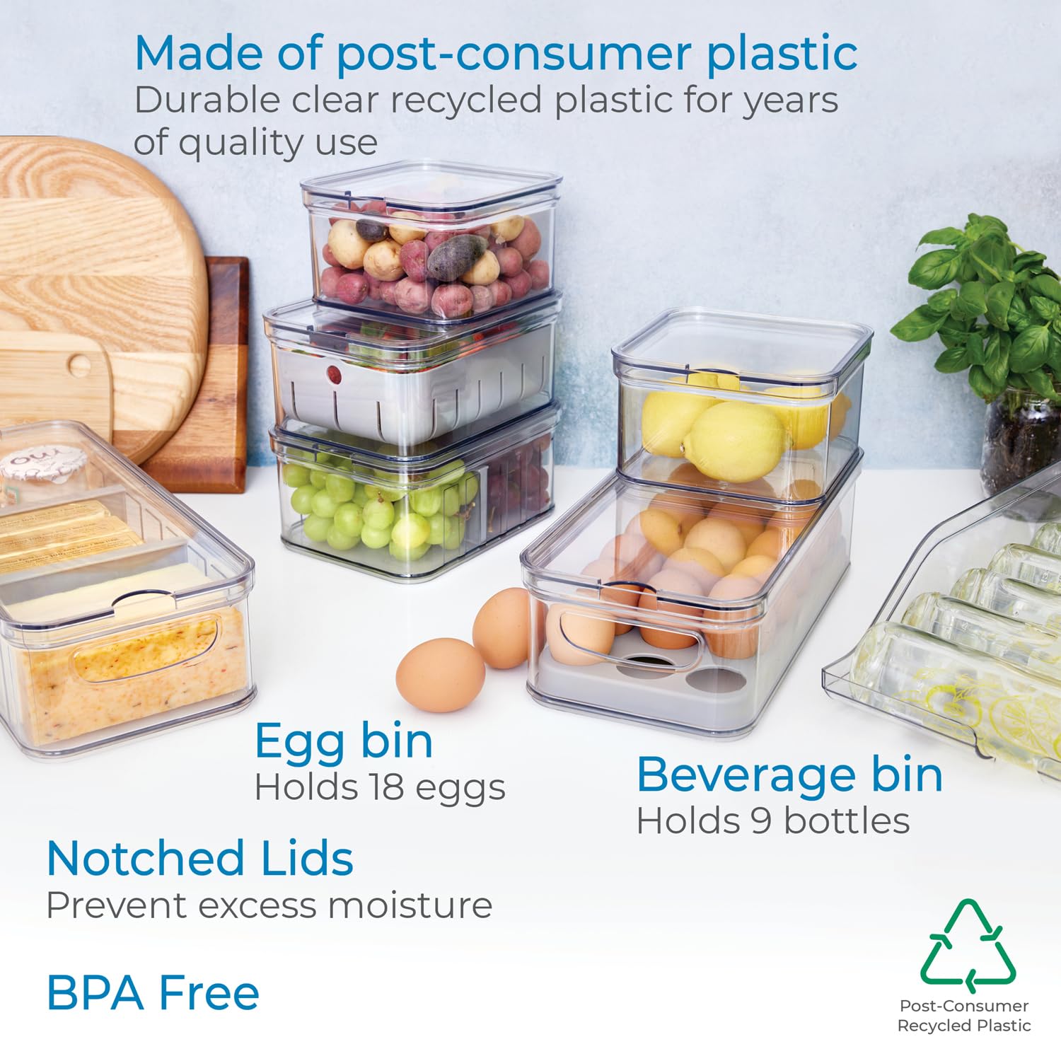 iDesign Crisp 7-Piece Recycled Plastic Refrigerator Organizer Bin Set with Lids, Clear/Gray