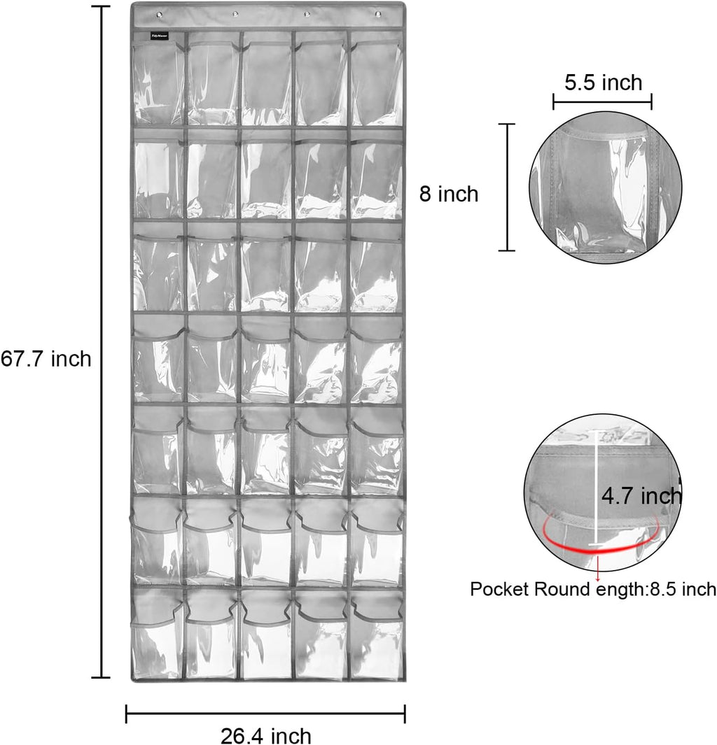 Skiennix Clear Crystal Hanging Shoe Organizer - 35 Pockets Over The Door Rack | Grey Storage Solution
