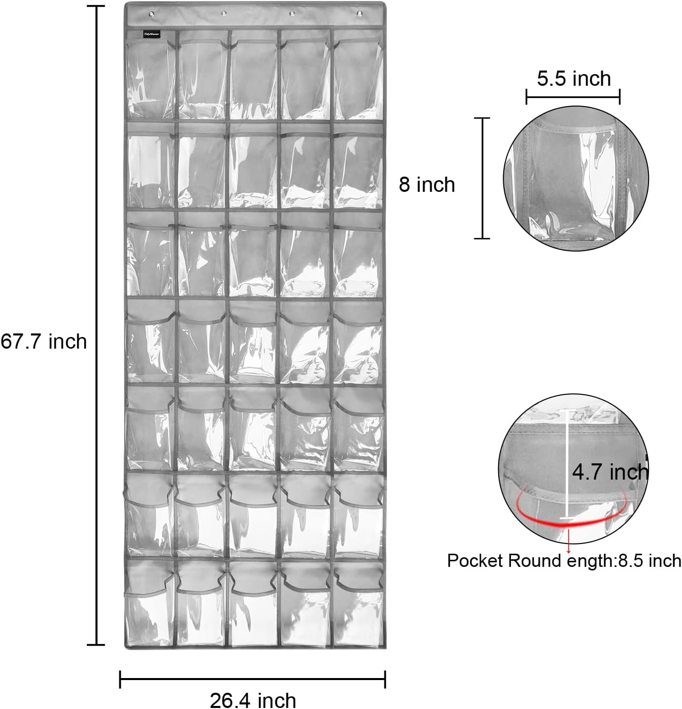 Skiennix Clear Crystal Hanging Shoe Organizer - 35 Pockets Over The Door Rack | Grey Storage Solution