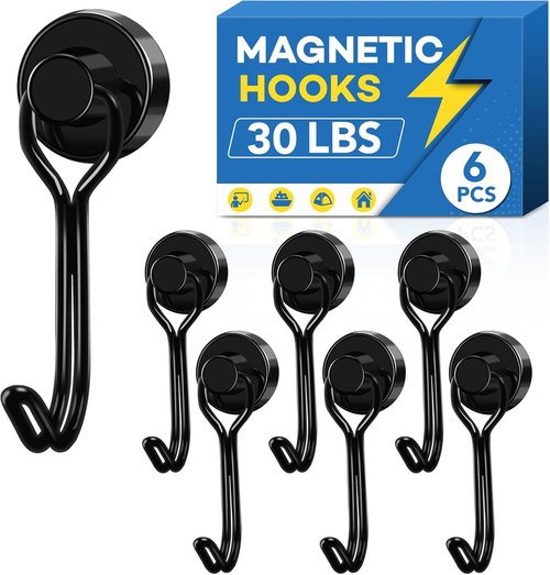 LOVIMAG Magnetic Hooks - Heavy Duty 30lbs+ Strength for Kitchen, Classroom & Home | 6 Pack