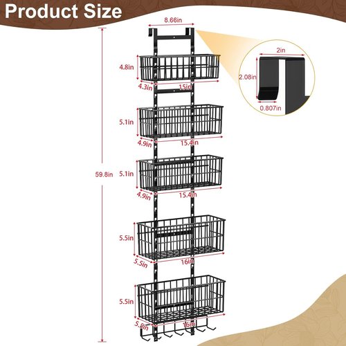 Hongtamoya Adjustable Over The Door Organizer - Metal Hanging Storage with 5 Baskets & 7 Hooks | Black