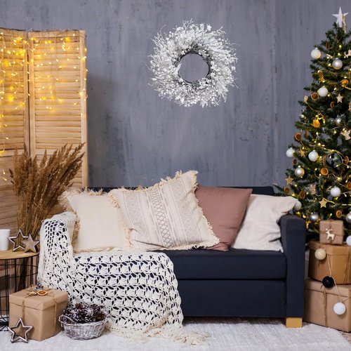 BINFEN 20 Inch Snow Flocked White Berry Winter Wreath with Twig & Leave- Artificial Christmas Wreaths for Front Door Porch Wall Window Porch Fireplace Outdoor Decor