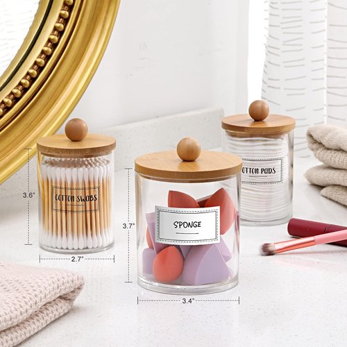 Apothecary Jar Qtip Holder Dispenser Set - 3 Pack Bamboo Lids for Stylish Vanity Storage