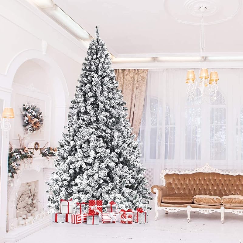 9FT Snow Christmas Tree - Artificial Flocked Hinged Pine with Metal Stand, Full Indoor/Outdoor Xmas Tree (Variation: 9ft)