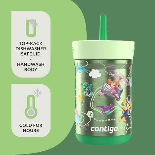 Contigo Kids Leighton Spill-Proof Stainless Steel Paw Patrol Tumbler with Straw, 12oz, Dino Treks, Green