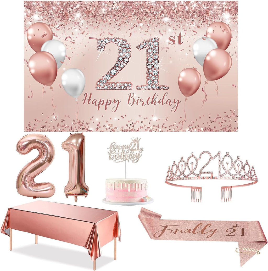 Trgowaul 21st Birthday Decorations - Rose Gold Banner, Sash, Crown & Cake Topper | Pink Balloons Set