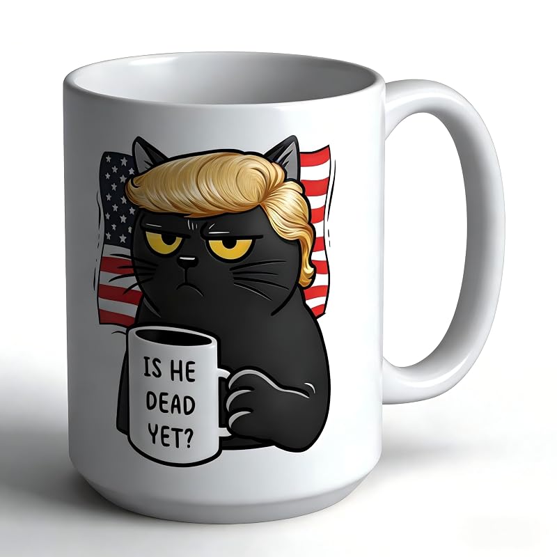 Is He Dead Yet Coffee Mug - 15 oz Ceramic FDT Cup, Black Cat Gift for Liberal Coworkers