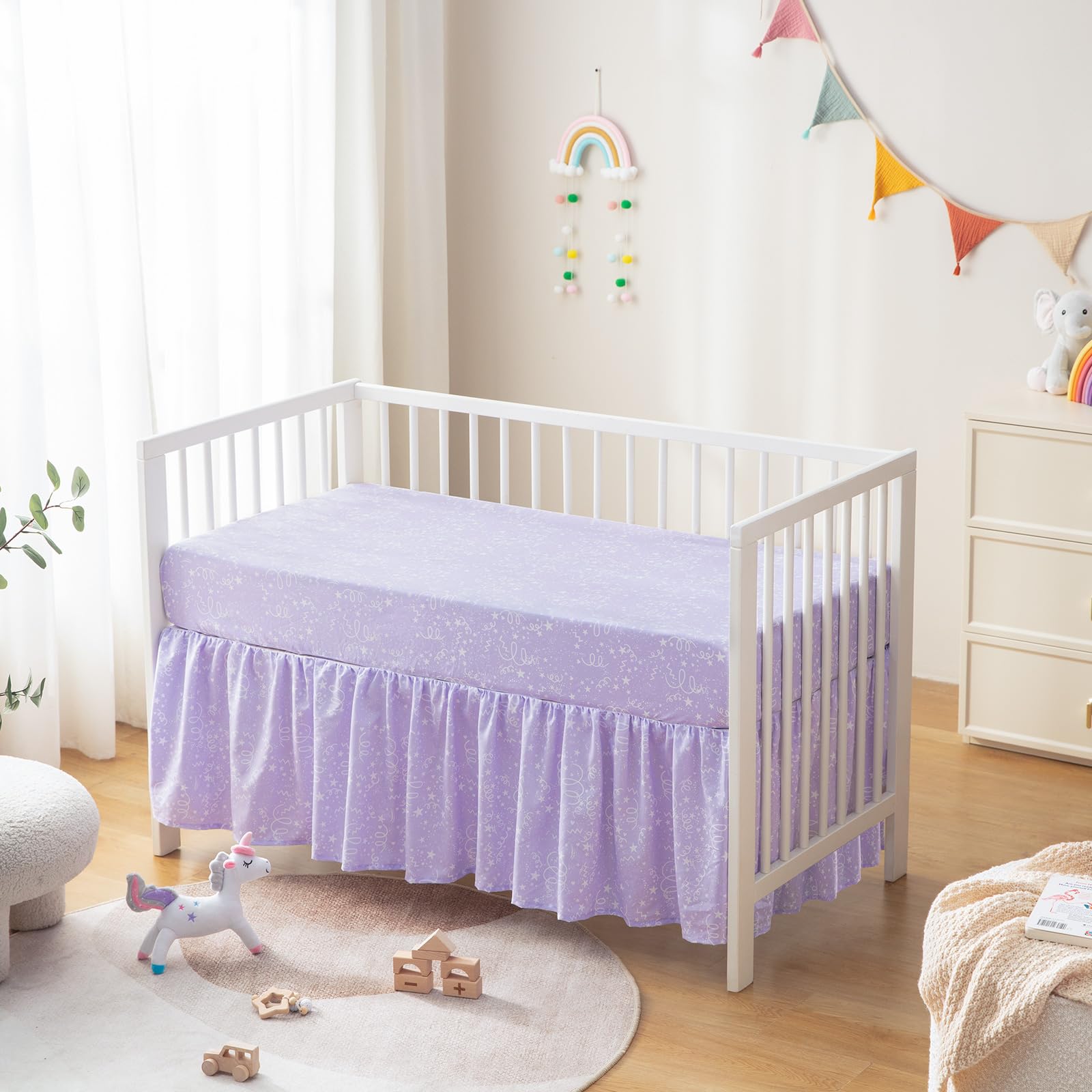 TCOYIWL 4-Piece Crib Bedding Set for Baby Boys Girls, Infant Toddler Nursery Baby Bedding Sets Includes Cartoon Quilt, Fitted Crib Sheet, Crib Skirt and Plush Unicorn Toy