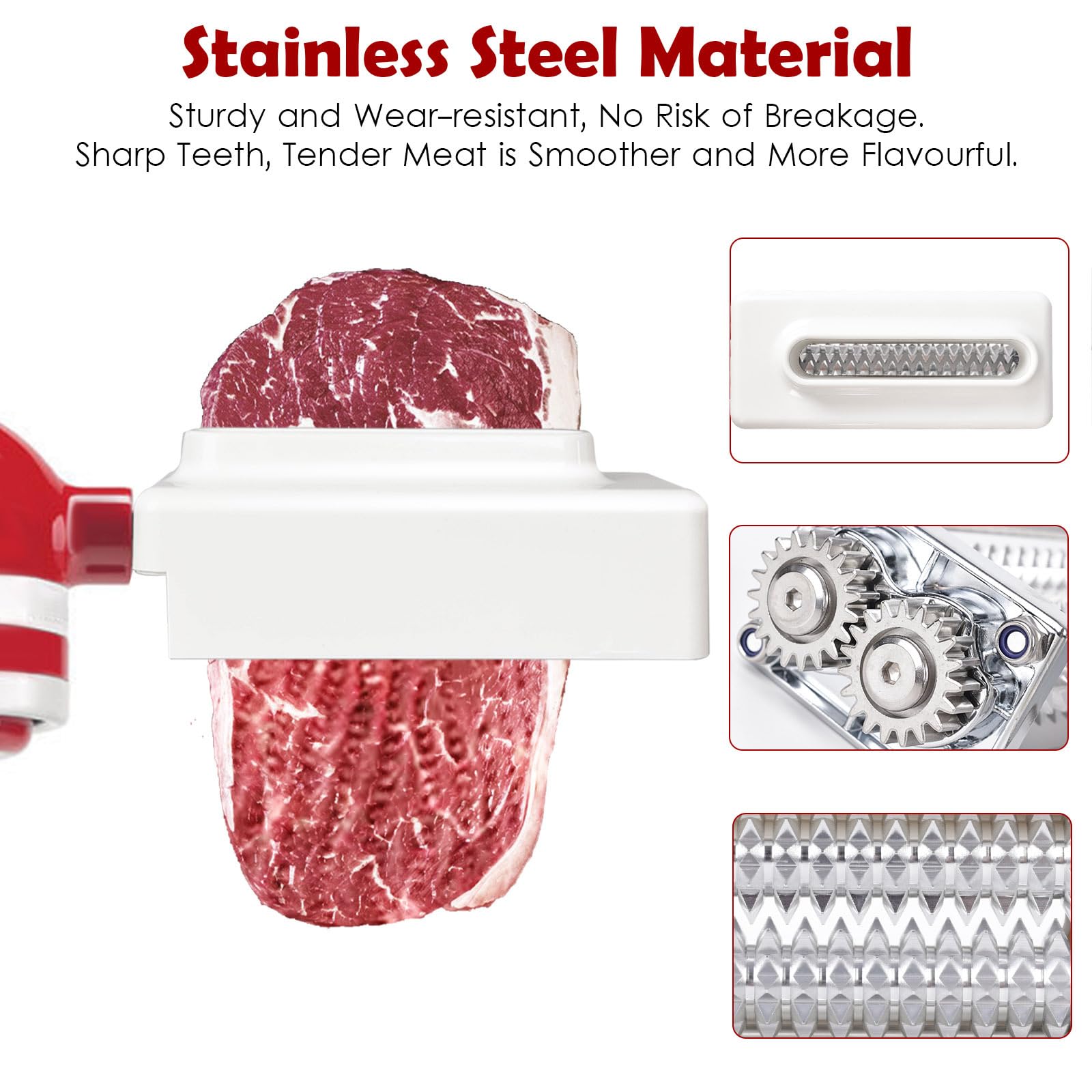 Meat Tenderizer for Kitchenaid, Meat Tenderize Attachment for Kitchenaid and Cuisinart Stand Mixer with Stainless Gears, White