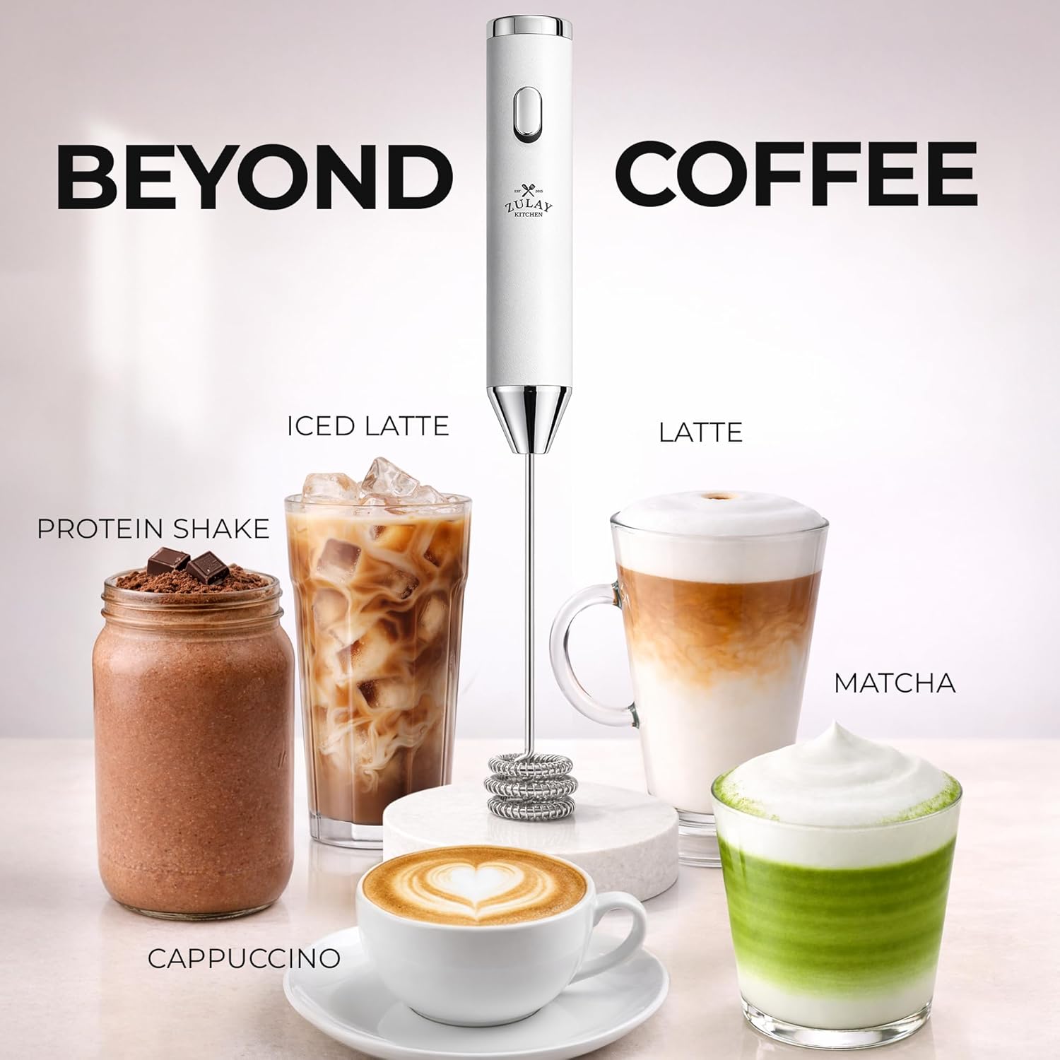 Zulay Kitchen Rechargeable Milk Frother - Handheld Electric Mixer with 3 Whisk Attachments | USB-C Charging, Lasts 6 Months