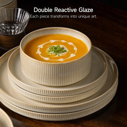 ALOFMO Stoneware Dinnerware Sets, Plates and Bowls Sets for 4, 12-Piece Ribbed Dishes – Chip & Scratch Resistant, Microwave and Dishwasher Safe Tableware, Beige