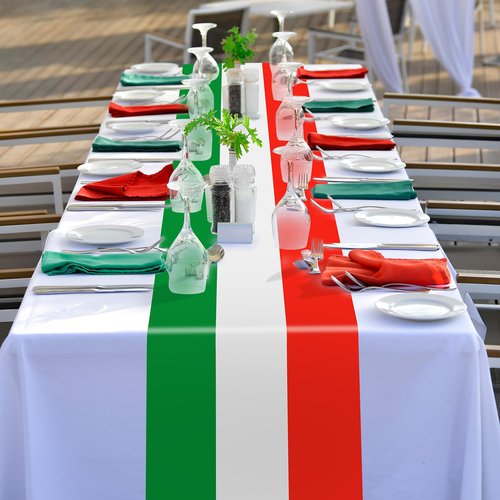 Hotop 3 Pcs Italian Flag Table Runners Plastic Italy Table Runner 14 x 108 Inch Red Green and White Striped Table Runner Disposable Italian Flag Table Decoration for Home Room Kitchen Party Supplies