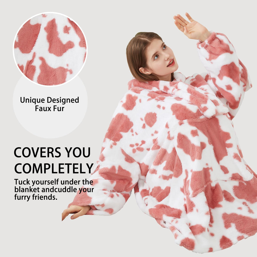 Softan Blanket Hoodie, Oversized Fleece Wearable Blankets for Women and Men Gifts, Cozy Warm and Soft Sweatshirt Blanket with Large Pocket, Pink Cow Print
