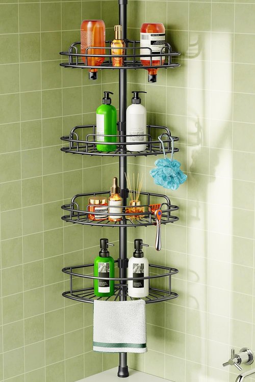 HAMITOR Corner Shower Caddy | 4-Tier Rust-Resistant Bathroom Organizer - Adjustable 47-121 Inch - No-Drill Quick Installation - Space-Saving Black Shelves