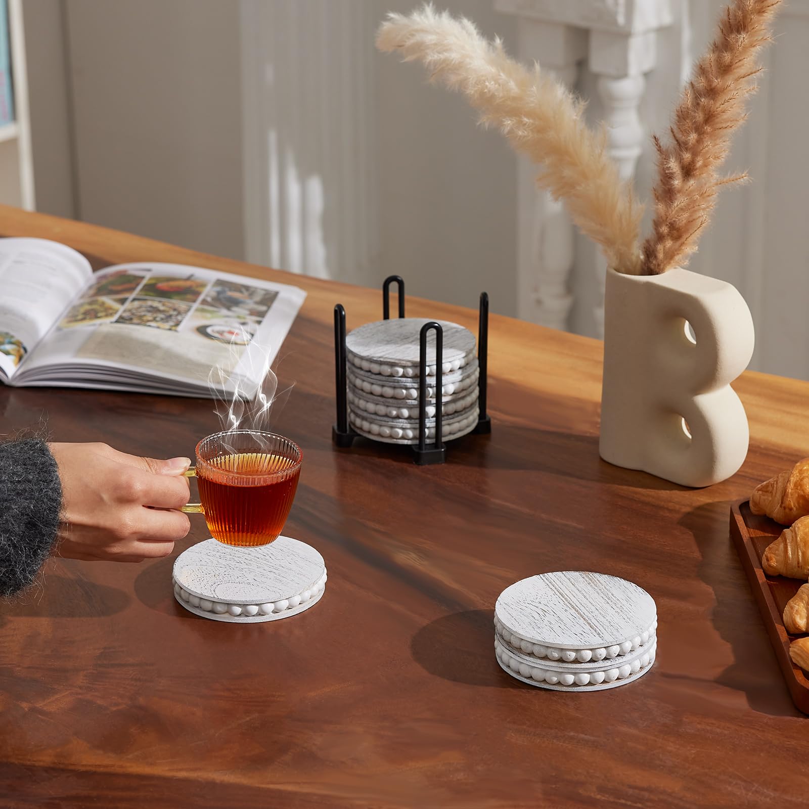 Set of 6 Wooden Coasters for Drinks-Farmhouse Wooden Bead Coasters with Holder for Coffee Table Decor