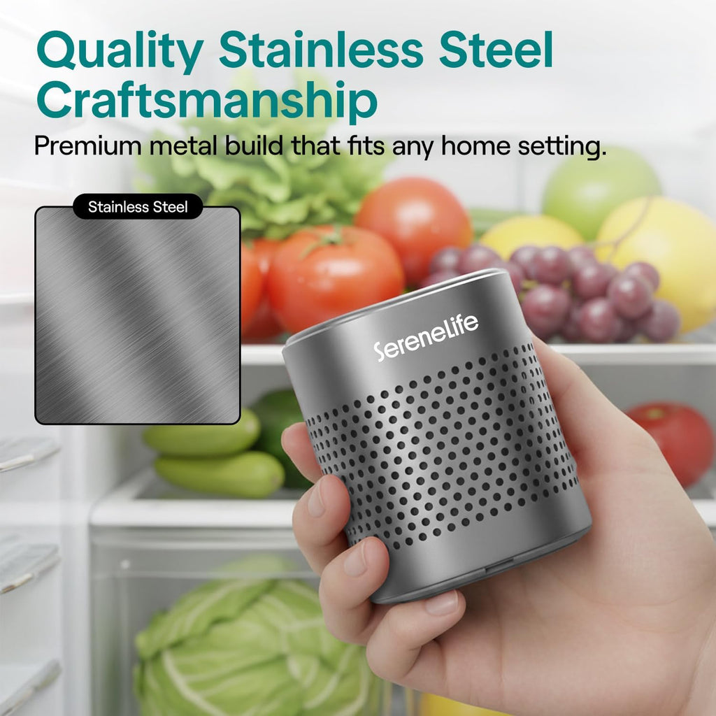 SereneLife Fridge Deodorizer - Multi-Use Aluminum Pod for Odor Elimination | Compact & Reusable, Lasts 10 Years (Gray)
