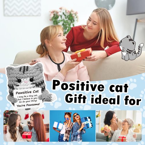 RYOTKIK Positive Crochet Cat Mini Animal Emotional Cheer Up Support Gifts, Funny Crochet Mini Handmade Cat for Women Men Friends Mom Daughter Son Teen Birthday Mothers Day Decor Graduation Gifts