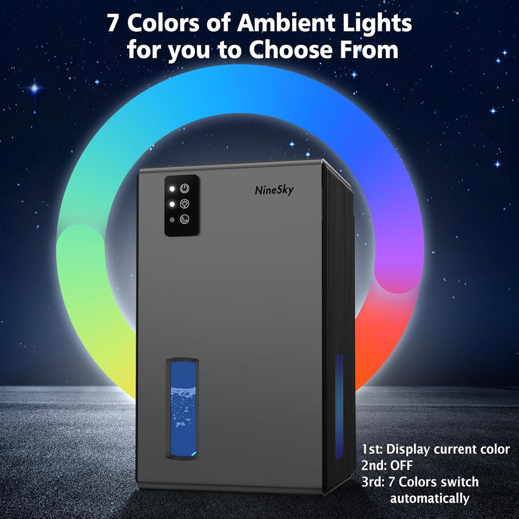 NineSky Dehumidifier - 1000 Sq.Ft. Quiet Home Dehumidifier with 95Oz Water Tank & 7-Color Light (Grey)