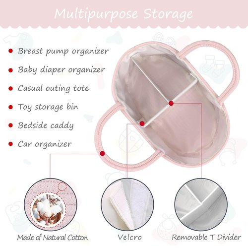 COMSE Baby Diaper Caddy Organizer - Portable Tote Bag with Dividers | Light Pink Baby Shower Gift