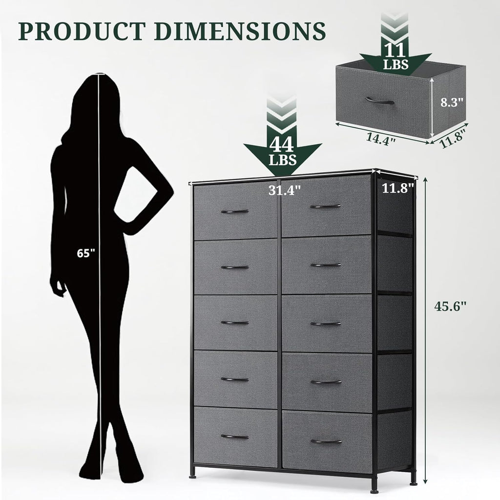 Skiennix 10-Drawer Dresser - Anti-Tip Tall Storage Organizer with Wooden Top & Metal Frame | Gray