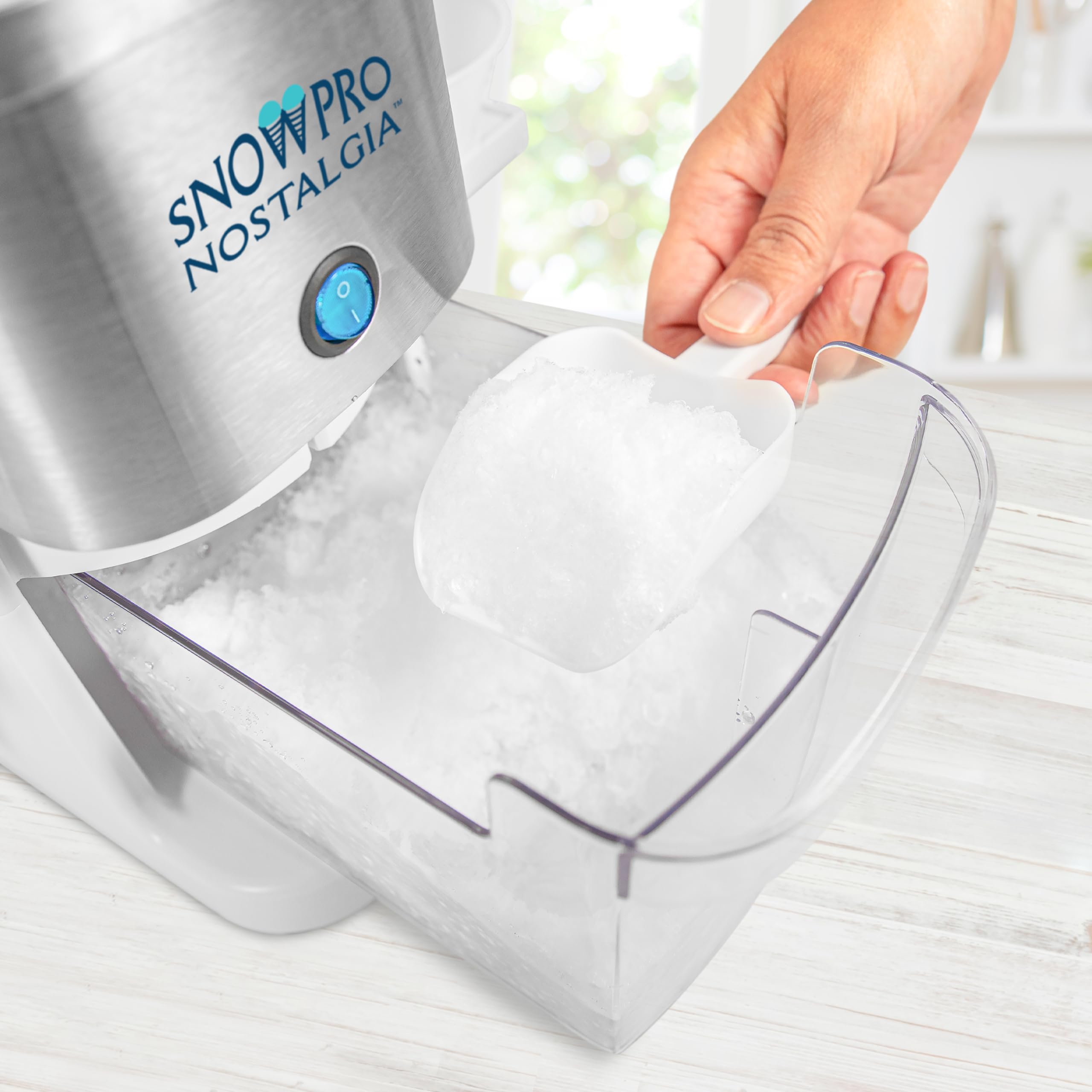 Nostalgia Snow Pro Electric Snow Cone Machine with 64 oz Capacity - Slushie Machine with 4 Reusable Cones, Side Shelves & Ice Scoop - Snow Cone Machine for Family Treats & Refreshing Desserts - White